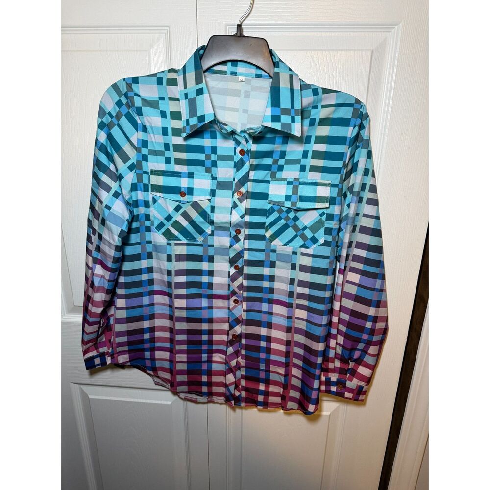 Women's Plaid Button Front Blouse Medium Blue Purple Long Sleeve Polyester